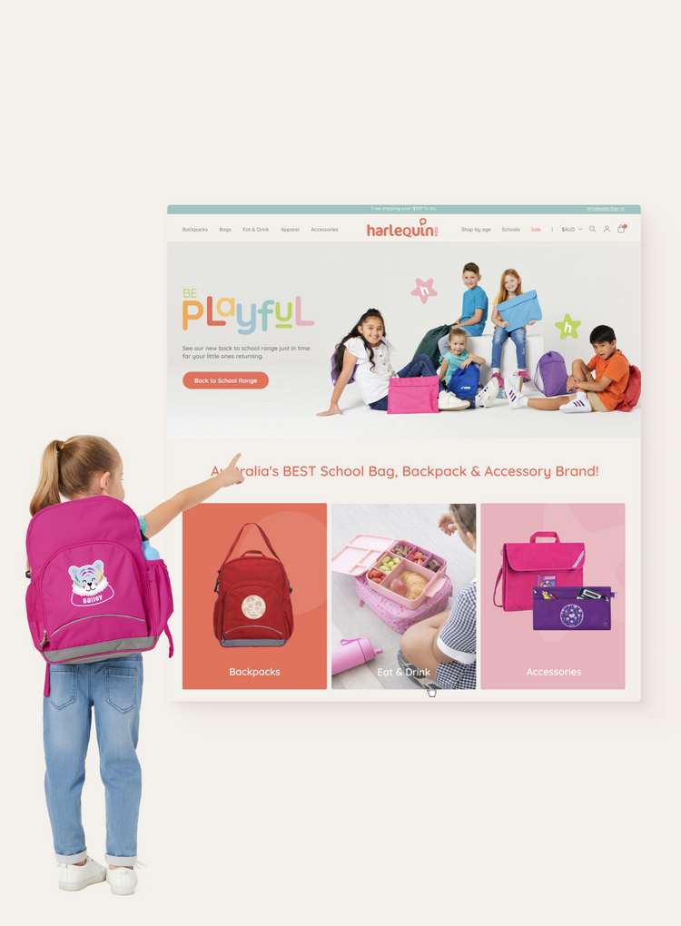 Harlequin kids Shopify website homepage