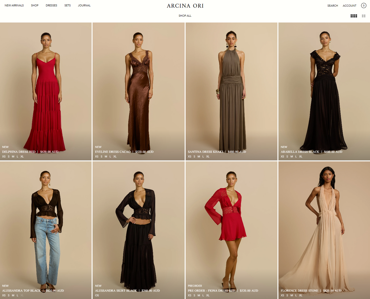 Arcina Ori Australian fashion Shopify category page UI design
