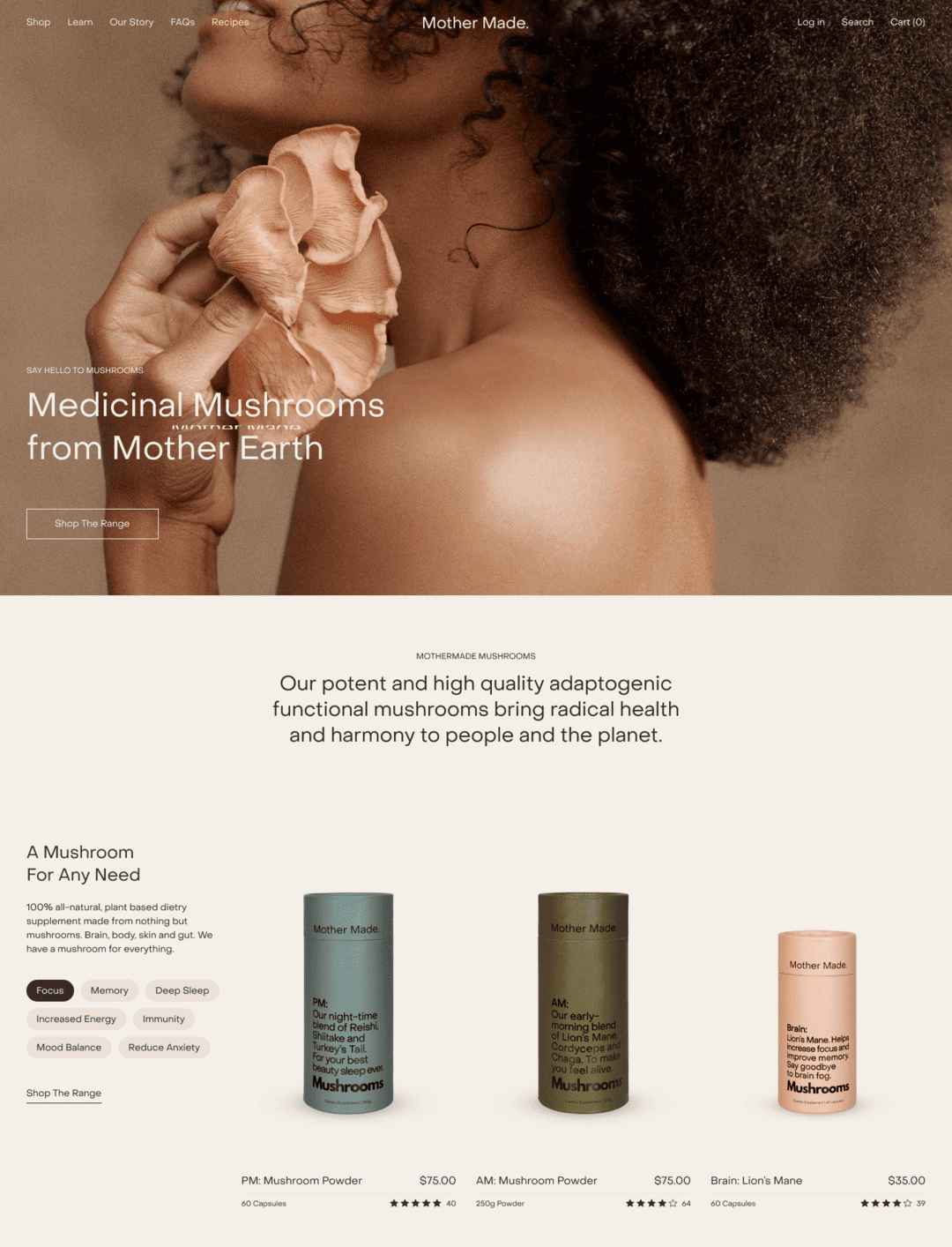 Mother Made mushroom supplements Shopify homepage design