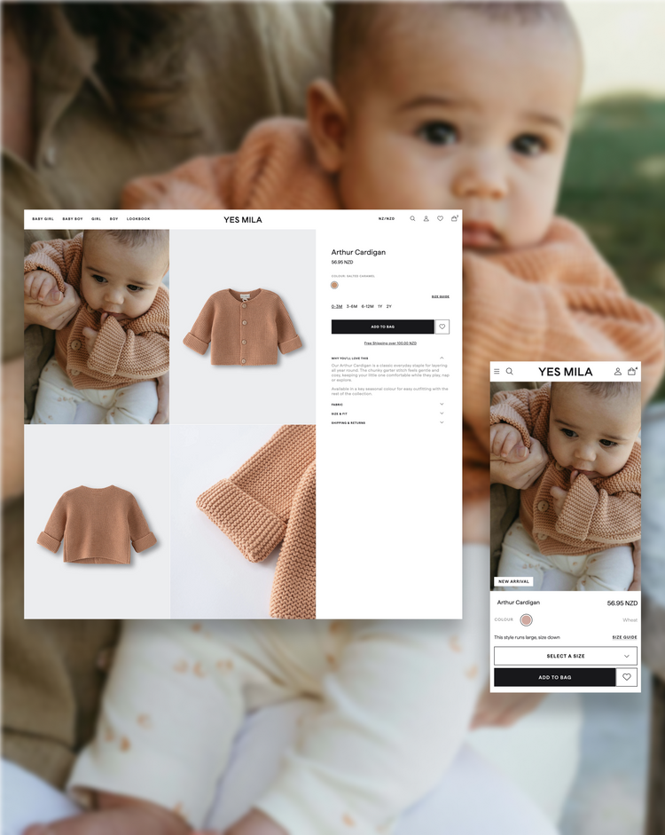 Yes Mila New Zealand kidswear product page UI design